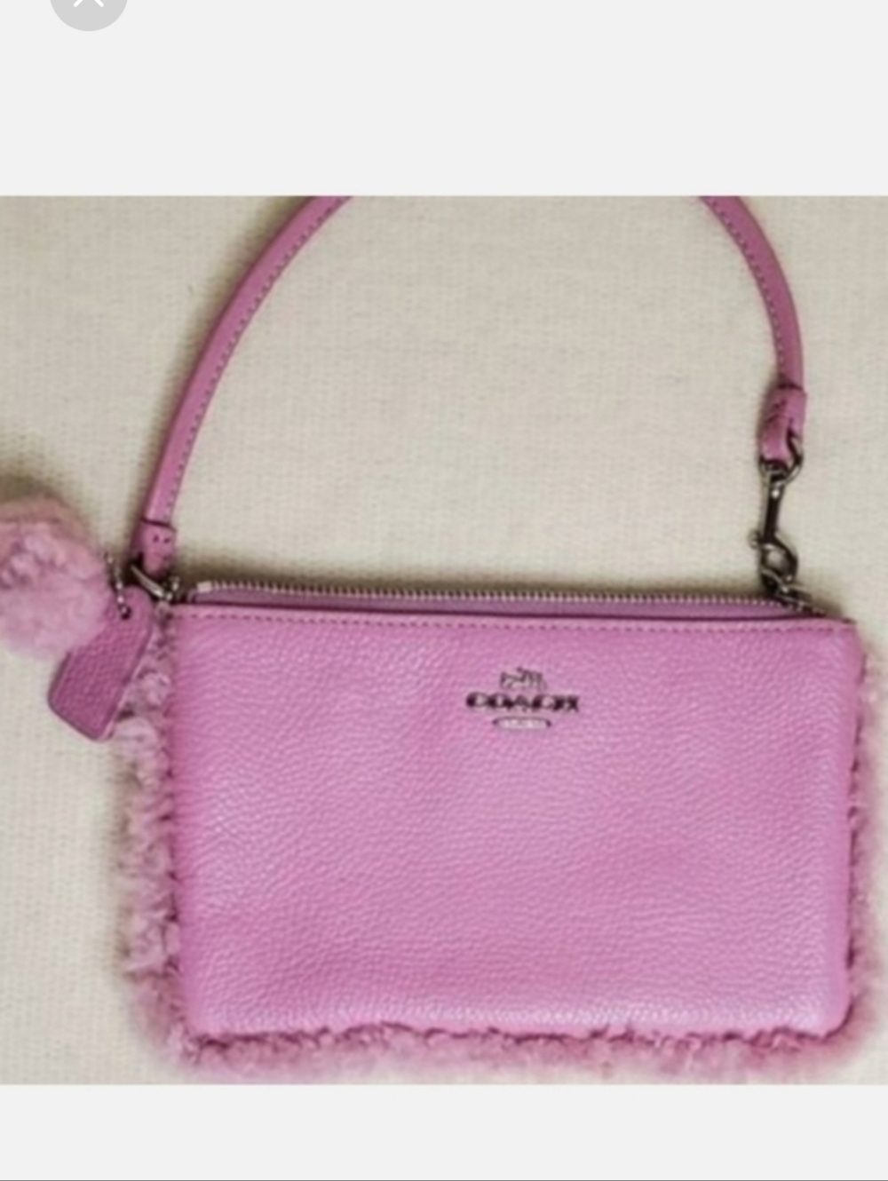 Coach Pink Teddy Bear Shearling-Trim Leather Mini Handbag Wristlet with Pompom - Picture 5 of 5